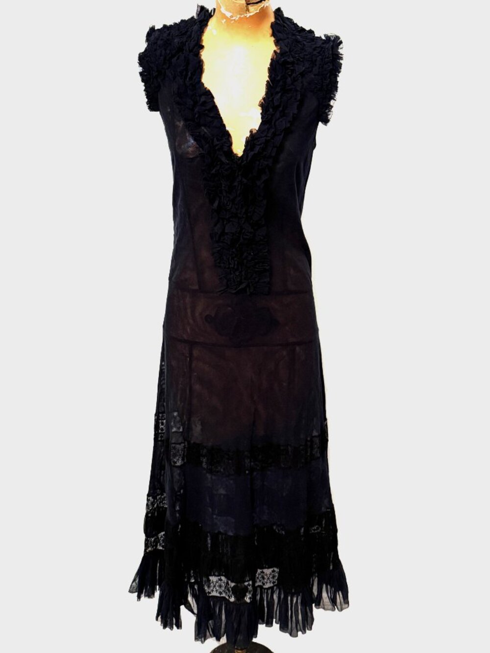 Peter Soronen Sheer Navy Lace Ruffled Maxi Dress 4 Boho Whimsygoth Fairy Vintage